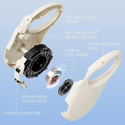 TUG Quest Retractable Dog Leash | 360° Tangle-Free Retraction | 16 ft Strong Nylon Tape (Large, Cream)