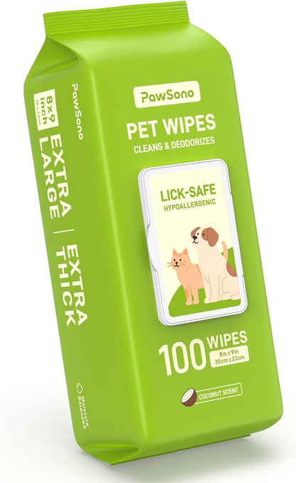 Hypoallergenic Pet Wipes for Dogs & Cats – Quick Clean & Deodorize Paws, Butt, Eyes, Ears, Face & Fur | Daily Grooming After Walks and Between Baths | Extra Large & Thick | Coconut Scented, 100 Count