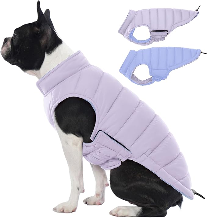 Lelepet Reversible Dog Coat Waterproof Dog Jacket Windproof Puffer Vest for Winter Warm Lightweight Coats for Small Dogs Adjustbale Hook & Loop Pet Apparel with Leash Hole, Chihuahua, Purple, XS
