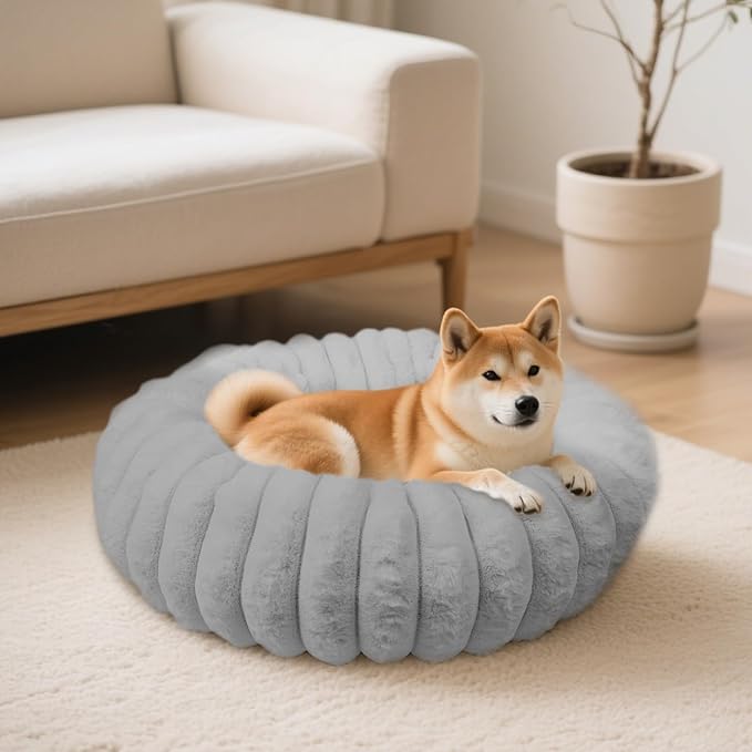 Vhen When Donut Dog and Cat Bed, Luxurious Comfortable Faux Rabbit Fur Pet Beds, Round Anti-Anxiety Calming Puppy Kitten Bed with Anti-Slip Bottom for Small Medium Dogs & Cats(36", Grey)