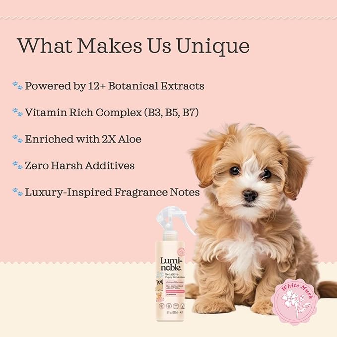 Sensitive Dog Deodorizing Spray Perfume, Oatmeal Formula Pet Cologne,Hypoallergenic Detangler Spray, Alcohol Free, Pet Odor Neutralizer for Puppies, White Musk Scent to Refresh The Skin and Coat, 8oz