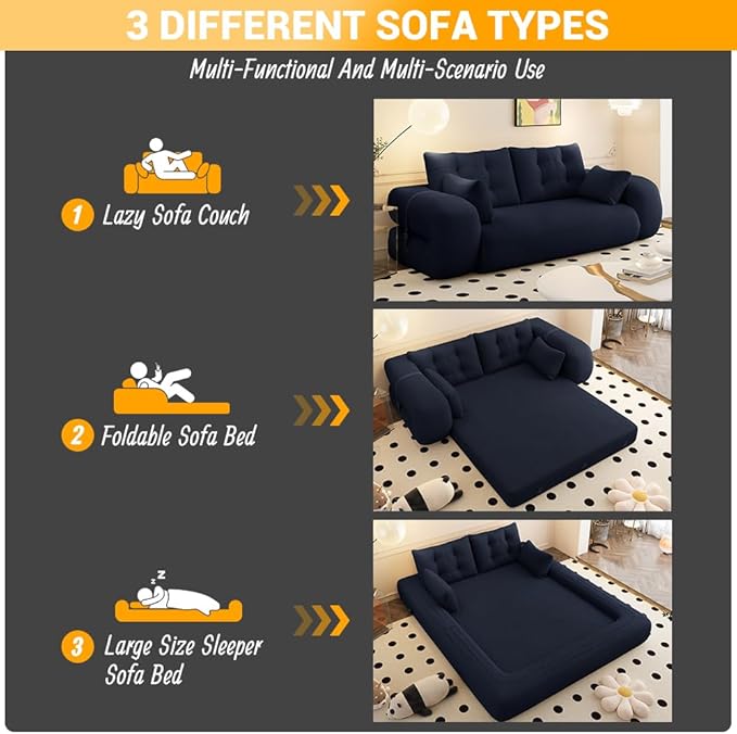 KEIKI 78.7" Human-Sized Dog Bed, 3-in-1 Foldable Sleeper Sofa Bed for Adults, Convertible Floor Couch & Lazy Lounge Chair with Teddy Fabric Foam Filling, Dark Blue