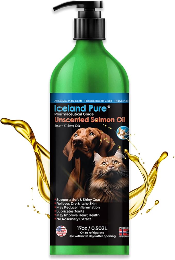 Iceland Pure Salmon Oil | Unscented Pharmaceutical Grade | 1118mg of Omega-3 per teaspoon | Liquid Food Supplement For Dogs and Cats | BPA-Free Brushed Aluminum Epoxy coated Bottle with Pump 17oz