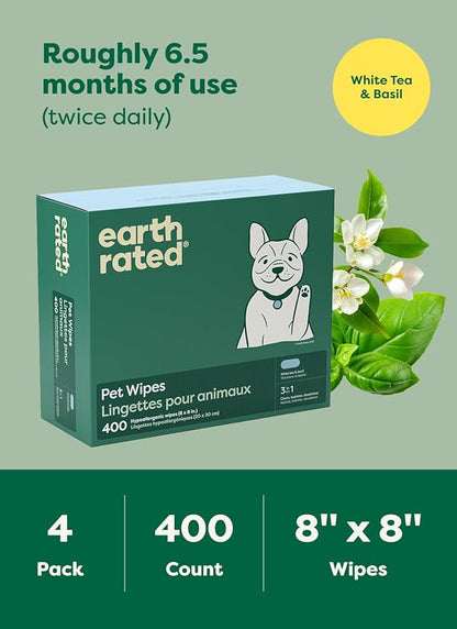 Earth Rated Pet Wipes for Dogs and Cats, Hypoallergenic, 3-in-1 Cleaning, Deodorizing and Hydrating, for Grooming Paws, Body and Butt, New White Tea and Basil Scent, 400 Count