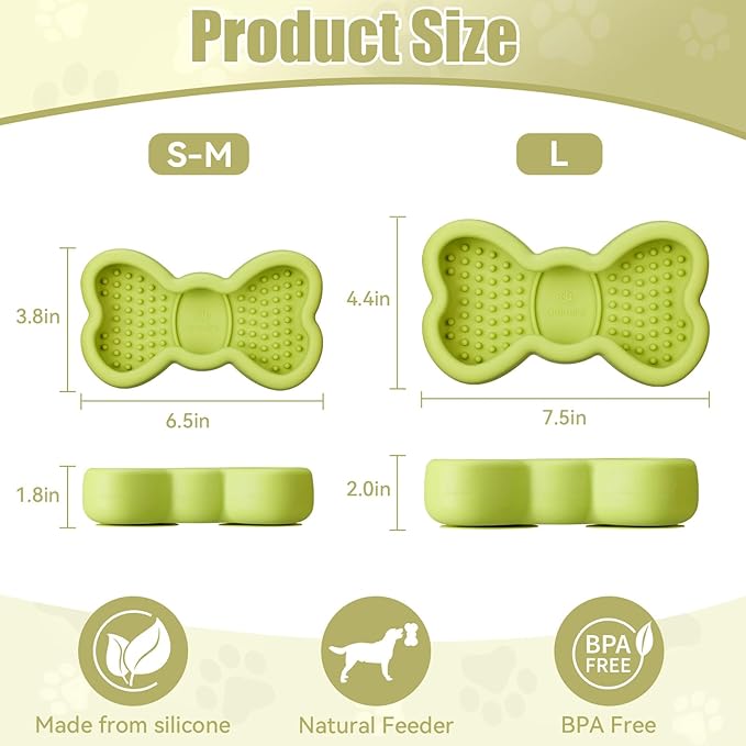 Lick Mat for Dogs, Animire Anti-Spilled Bow Tie Lick Bowls for Anxiety Relief, Silicone Slow Feeder Licking Pad with Suction Cups, Freezeable Dog Enrichment Toy for Boredom and Distraction(Green,S)