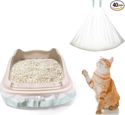 Zeling HTL 40 Count Jumbo Cat Litter Box Liners - 2 Mil Thick & Claw Resistant, 37"x18" Drawstring Bags for Deep Pans, Leakproof & Tear Proof Heavy Duty Liners