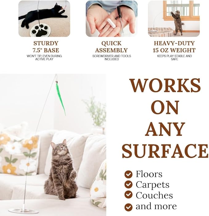 GADGETSOLOGY Cat Wand Toy Cat Fishing Pole Toy Cats Feather Toys Suction Cup for Indoor Cats Teaser Wand Feather Attachments Multisurface Base