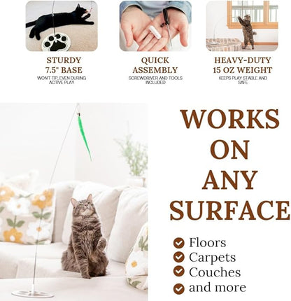 GADGETSOLOGY Cat Wand Toy Cat Fishing Pole Toy Cats Feather Toys Suction Cup for Indoor Cats Teaser Wand Feather Attachments Multisurface Base
