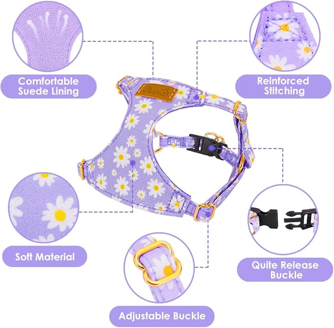 SlowTon Dog Harness Small Sized Dog - Soft XXS Dog Harness and Leash Set No Pull No Chock, Adjustable Lightweight Puppy Harness for XS Small Medium Dogs Cats (Purple Dasiy, S)