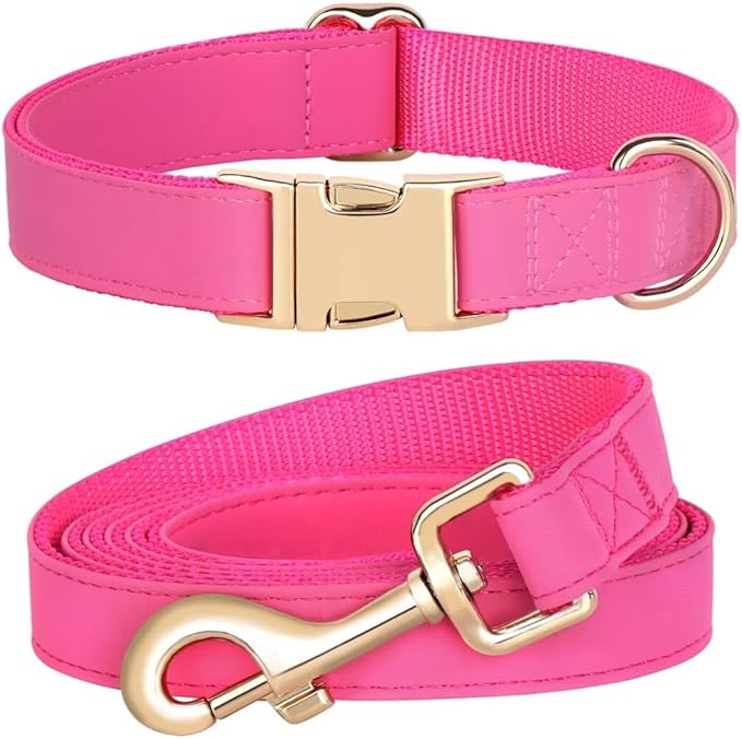 PET ARTIST Soft PU Leather Dog Collar and Leash Set, Bright & Stylish 5FT PU Leather Leash and Collar Set, Durable Pet Collars with Quick Release Metal Buckle for Medium Dogs,Hot Pink,M(13-19")