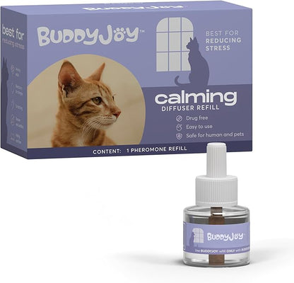 BUDDYJOY Cat Calming Diffuser Refills – Long-Lasting 30-Day Formula with Pheromones for Stress Relief, Relaxation, and Anxiety Reduction in Cats Easy to Use – (1 Refill)
