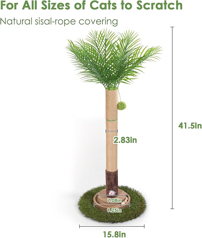 Cat Scratching Post, 35 Inch Tall Cat Scratcher Cat Tree Tower with Hanging Ball for Indoor Cats Adults,Areca Palm Sisal Rope Kitten Scratch with Interactive Mouse Cat Toy
