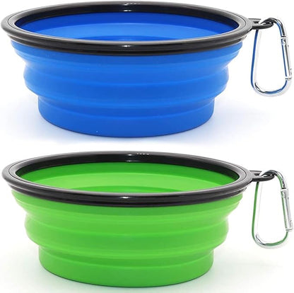 Large Dog Bowl Pet Collapsible Bowls, 2 Pack Collapsible Dog Water Bowls for Cats Dogs, Portable Pet Feeding Watering Dish for Walking Parking Traveling with 2 Carabiners (Large, Blue+Green)