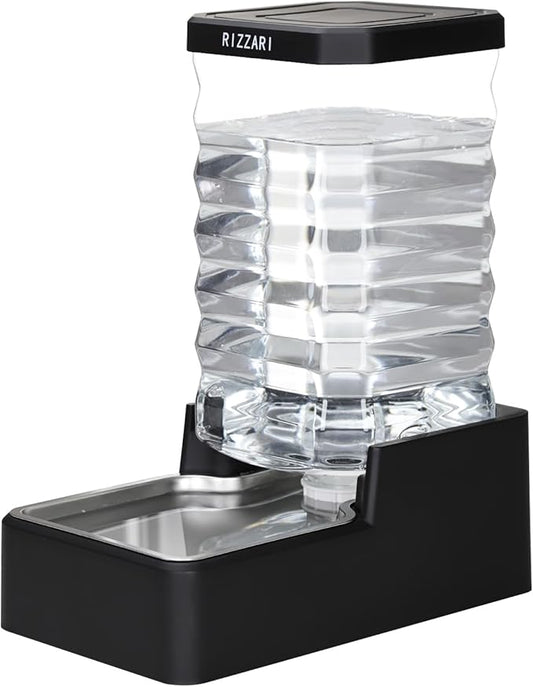RIZZARI Stainless Steel Pet Waterer: 9L Black Gravity Fed Water Dispenser Leak-Proof for Senior Dogs Joint Care Home Owners - Bedroom Garden Use