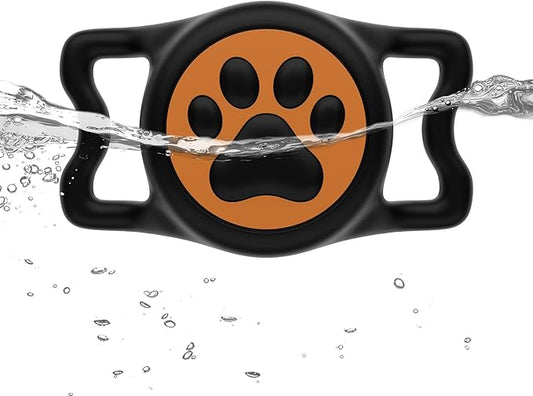 WhoseID IP68 Waterpoof Dog Air tag Holder, Stretchy Silicone Full Body Covered Apple Air Tag Holder for Dog Cat Collar Fit All Width Collar (Black & Orange, 1 Pack)