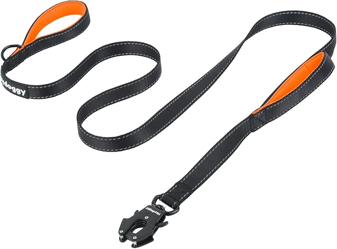 Strong Heavy Duty Dog Leash - 4ft Reflective Nylon Training Leash with Soft Padded Double Handle & Auto Lock Frog Clip - Safety Traffic Control for Large Medium Small Dog No Pull Walk Black Orange,4ft