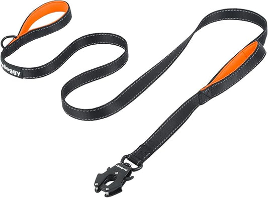 Strong Heavy Duty Dog Leash - 5ft Reflective Nylon Training Leash with Soft Padded Double Handle & Auto Lock Frog Clip - Safety Traffic Control for Large Medium Small Dog No Pull Walk Black Orange,5ft