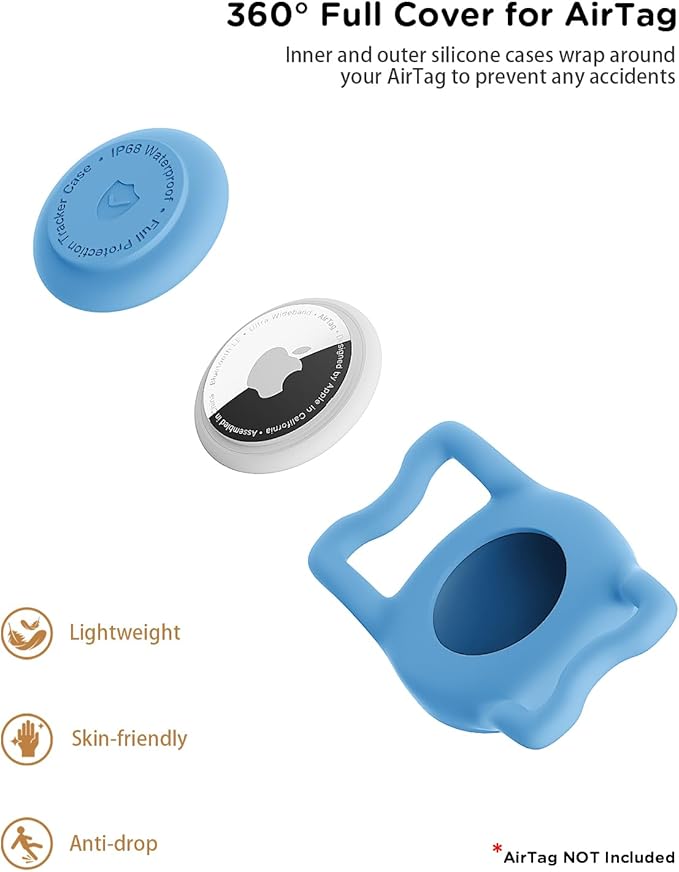 WhoseID IP68 Waterpoof Dog Airtag Holder, Stretchy Silicone Full Body Covered Apple Air Tag Holder for Dog Cat Collar Fit All Width Collar (Blue, 1 Pack)