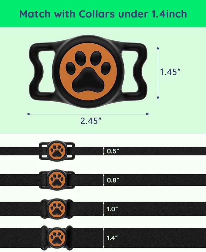 WhoseID IP68 Waterpoof Dog Air tag Holder, Stretchy Silicone Full Body Covered Apple Air Tag Holder for Dog Cat Collar Fit All Width Collar (Black & Orange, 1 Pack)