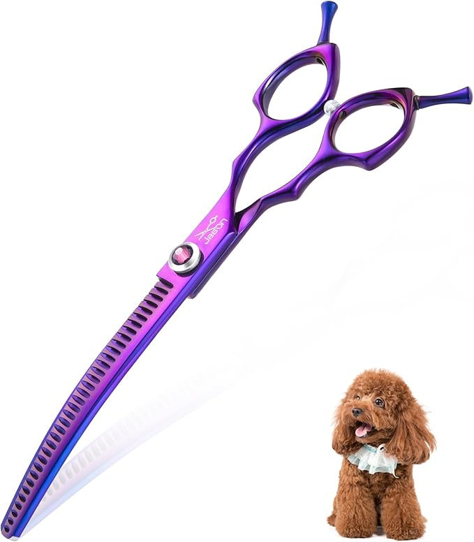 JASON 7.5" Curved Chunkers Shears - Professional Dog Scissors for Grooming, Japanese 440C Stainless Steel Blender Shears with Diamond Adjustable Screw (35 Teeth, Purple) Christmas Gift