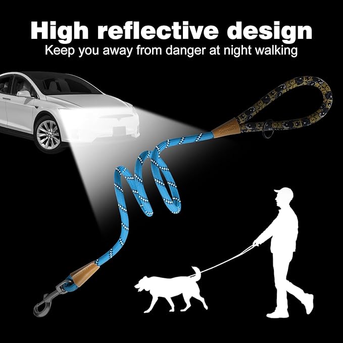 lynxking Rope Dog Leash 6 FT with Comfortable Padded Handle, Highly Reflective Threads Leash for Small Medium Large Dogs (Light Blue, Small 3/8in x 6ft-Rope Clasp)