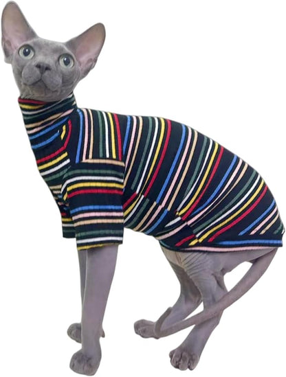 Turtle Neck Vintage Stripes Sphynx Hairless Cat Cotton T-Shirts Pet Clothes Vest Kitten Shirts Sleeveless, Cats & Small Dogs Apparel (Dark Rainbow, XS (2-3 lbs))