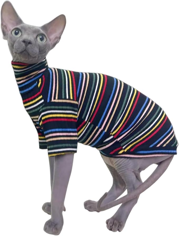 Turtle Neck Vintage Stripes Sphynx Hairless Cat Cotton T-Shirts Pet Clothes Vest Kitten Shirts Sleeveless, Cats & Small Dogs Apparel (Dark Rainbow, XXL (13-16 lbs))