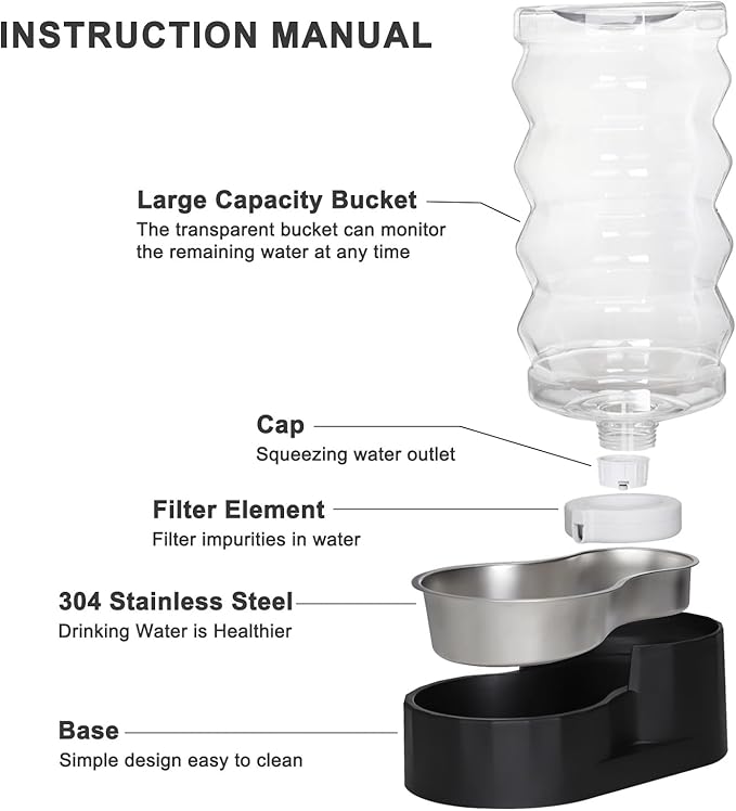 RIZZARI Large Dog Water Dispenser: 9L Black 304 Stainless Steel Gravity Feeder with Filter- Detachable Bowl -Spill-Proof - for Active Large Dog Owners & Multi-Pet Households - Home Garage Balcony