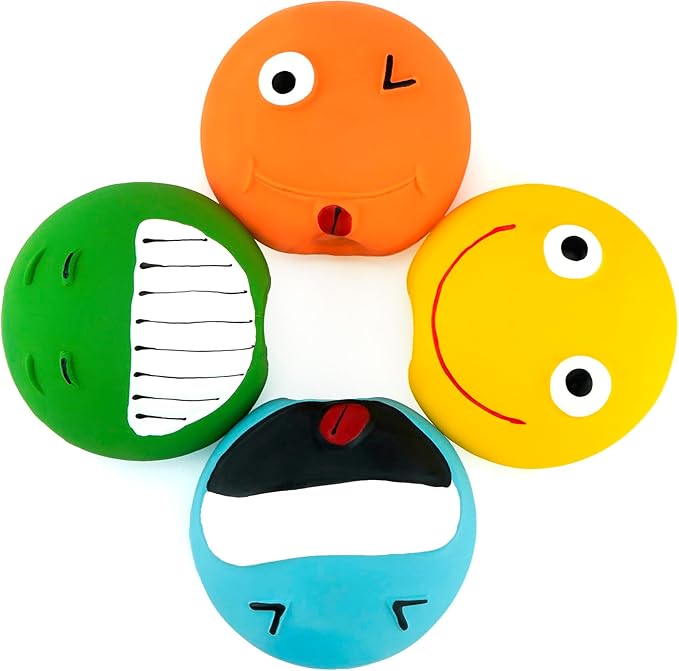 CHIWAVA 4 Pack 3.2'' Latex Squeaky Dog Toy Smiley Face Balls Interactive Fetch Play for Small Dogs