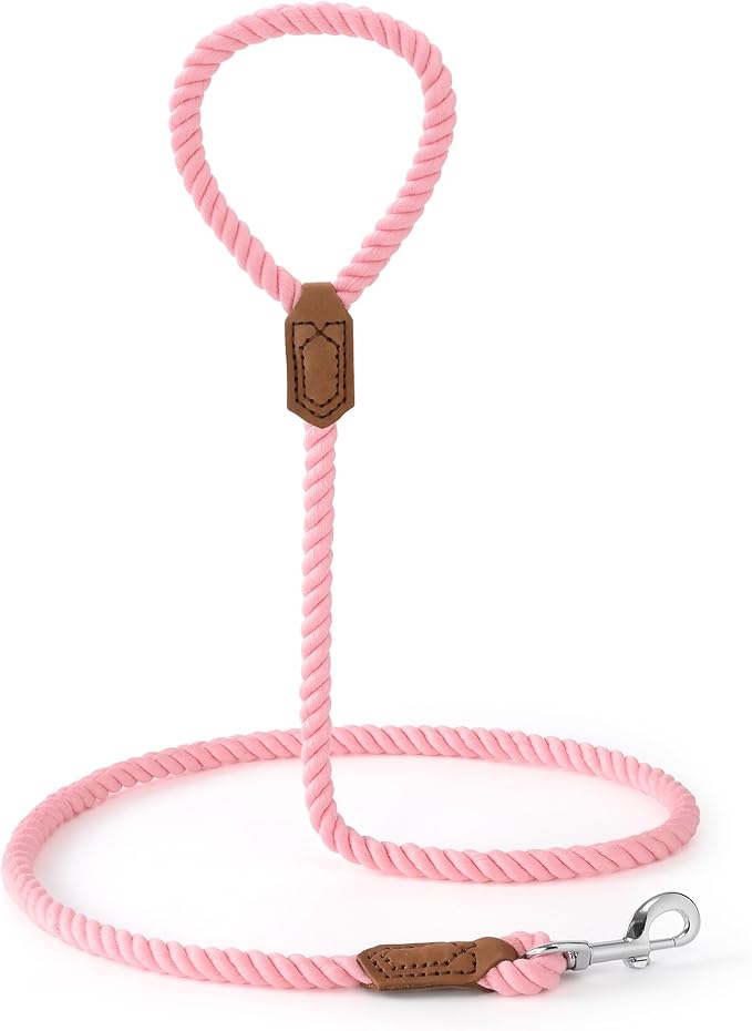 Mile High Life Dog Leash, Braided Cotton Rope Leashes with Leather Tailor Tip with Leather Tip - Heavy Duty Metal Clasp, 4FT, 1/2" Thick - Wedding, Walking Leash for Medium Large Dogs(Pink)