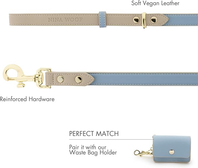 NINA WOOF Leather Dog Leash - Slim Leash with Reinforced Hardware, European Design, Blue, 4ft