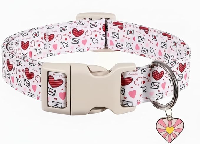 Medium Dog Collar, Valentines Dog Collar, Adjustable Soft Valentine's Day Heart Design Puppy Collar for Medium Dogs, M