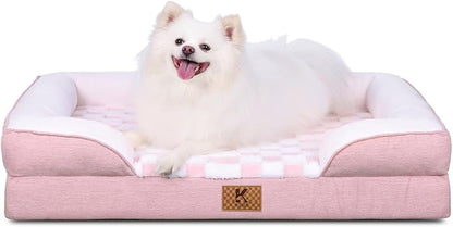 KSIIA Waterproof Dog Bed Orthopedic for XXL Senior Dog Couch with Sides, Extra Thick Supportive Pet Bed Sofa with Soft Plush Cover and Non-Slip Bottom, 53 x 40 Inch, Pink