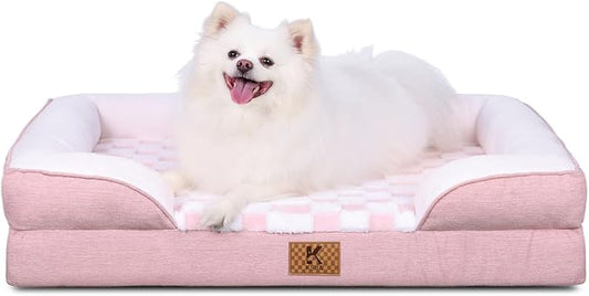 KSIIA Waterproof Dog Bed Orthopedic for Small Senior Dog Couch with Sides, Extra Thick Supportive Pet Bed Sofa with Soft Plush Cover and Non-Slip Bottom, 30 x 20 Inch, Pink