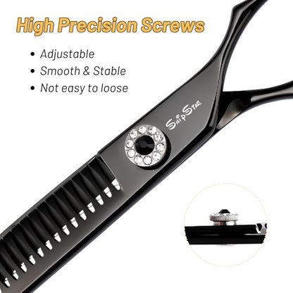 7.5inch Curved Chunker Dog Grooming Scissors, 35 Teeth Professional Dog Cutting Scissors, 25 Degree Bend High-end Shears for Pet Groomers or Family Use, with Symmetric Handle, Thinning Rate 65%, Black