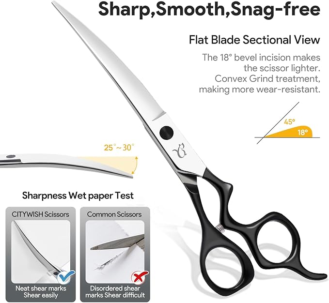 CITYWISH Dog Grooming Scissors,Curved Chunkers Shears Deg Grooming with Safety Round Tips, Sharp and Comfortable 4 in 1 Dog Scissers for Grooming