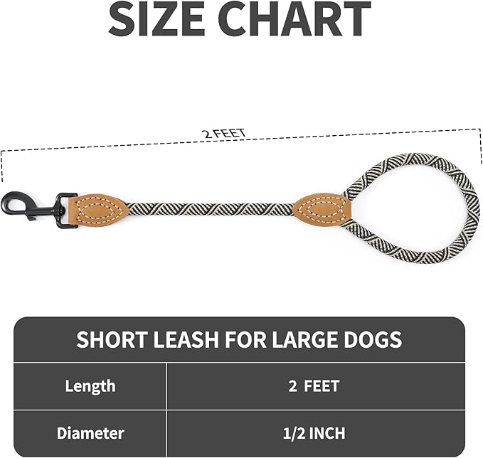 Mile High Life Short Leash for Large Dogs, Short Dog Rope Leash with Heavy Duty Metal Sturdy Clasp, Genuine Leather Tailored Connection(White, 18 Inch)