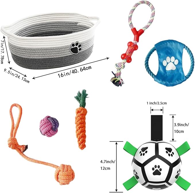 Domchan 7 Pcs Puppy Dog Toys Storage Basket Set Dog Gift Chew Toys for Teething Squeaky Plush Duck Rope Woven Basket with Handles for Small Puppy