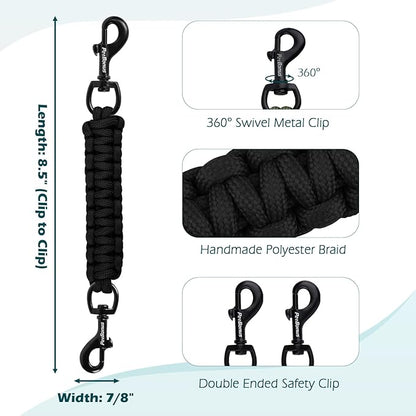 PetBonus Dog Collar Safety Clip, Handmade Backup Safety Strap for Dog Harness, Prong, Pinch Collar, Double Ended Clasp Leash Connector (Black)