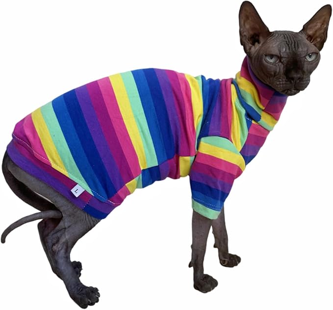 Vintage Stripes Sphynx Hairless Cats Shirt Cotton Cat Turtleneck Pet Clothes Kitten T-Shirts with Sleeves for Sphynx Cornish Rex, Devon Rex, Peterbald (Rainbow Stripe, Medium (Pack of 1))