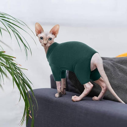 ROZKITCH Hairless Cat Clothes, Breathable Soft Jumpers for Cats Only, Full Cover Clothing with Four Legs, Warm Sweater T-Shirt Pajamas Jumpsuit Vest Cornish Rex Devon Rex Peterbald DarkGreen L