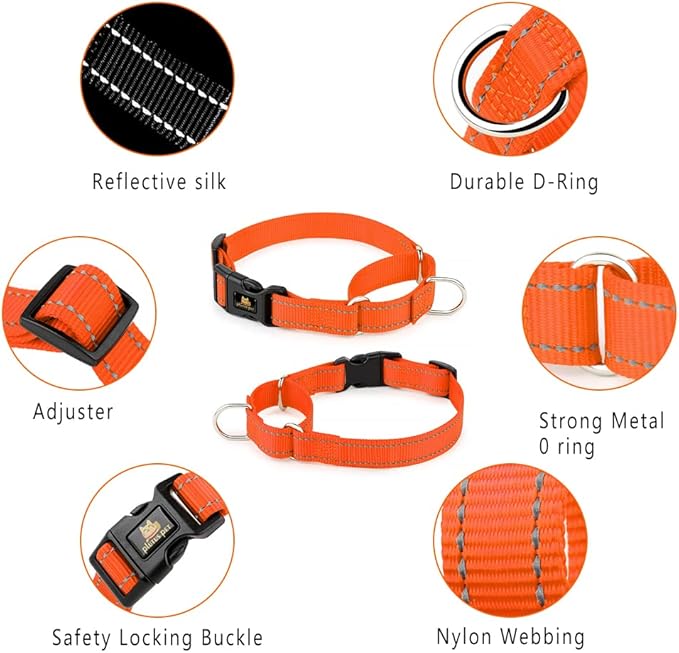 PLUTUS PET Reflective Martingale Collar with Quick Snap Buckle,No Pull Dog Choker Collar for Small Medium Large Dogs,L,Orange