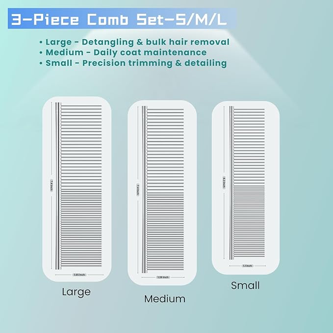 MEDUWEDU [3 Pack] Stainless Steel Pet Comb Set – Grooming Combs for Dogs & Cats, Large Medium Small Sizes – for Long, Short, Curly Hair, Detangling Matted or Knotted Undercoat Hair
