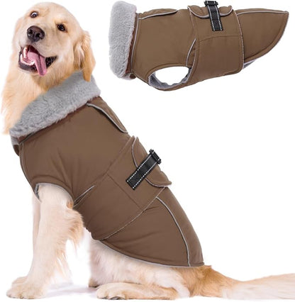 Lelepet Warm Dog Coats for Large Dogs Waterproof Dog Jacket Reflective Pet Fleece Vest Windproof Cold Weather Coats with Adjustable Buckle & Leash Hole, Brown, XXXL