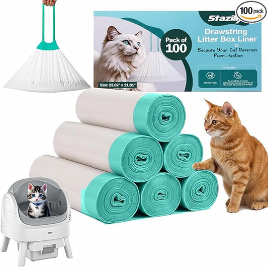 100 Count Cat Litter Liners - 23.62x11.81 Inches - Compatible With Petpivot Autoscooper 11 and Neakasa Litter Box M1 - Leak & Tear Proof Heavy Duty Drawstring in Center for Easy & Mess-Free Cleaning
