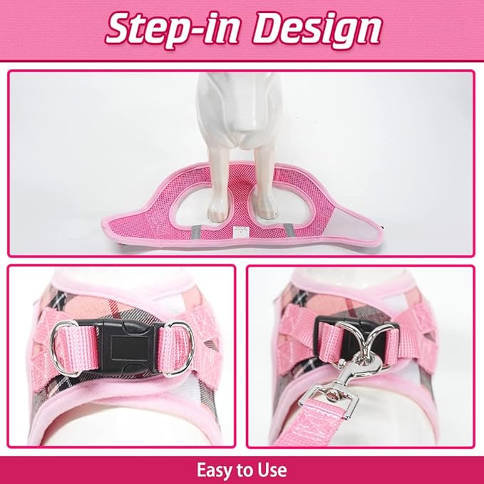 EXPAWLORER Classic Plaid Puppy Harness - Small Dog Harness and Leash Set - Dog Collar and Leash Set with AirTag Holder, Soft Padded Step in Dog Vest Harness No Pull Reflective for Outdoor, Pink S