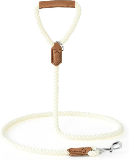 Mile High Life Dog Leash, Braided Cotton Rope Leashes with Leather Handle - Heavy Duty Metal Clasp, 6FT, 1/2" Thick - Wedding, Walking & Training Leash for Small Medium Large Dogs (White)