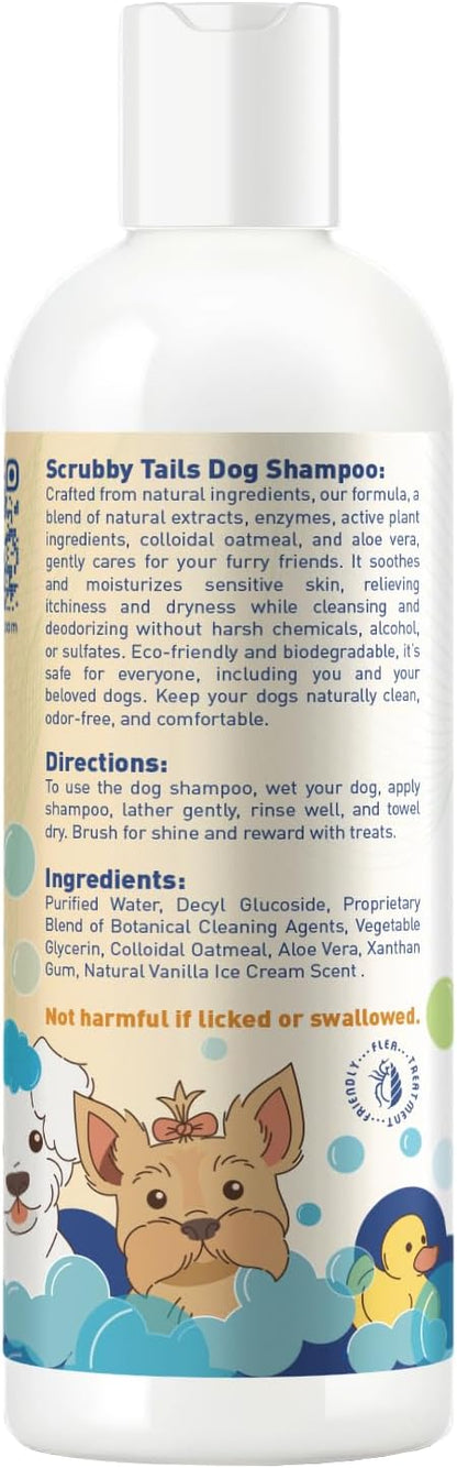Scrubby Tails Organic Dog Shampoo - Puppy Oatmeal Shampoo for Itchy Skin Relief - Hypoallergenic for Sensitive Skin, for Dogs of All Ages, Deodorizes, Tearless, Made in USA, 16oz (Vanilla Ice Cream)