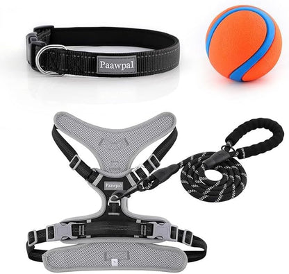 Paawpal Adjustable Dog Harness - No Pull, Reflective, Soft Padded for Small, Medium, Large Dogs - Includes Leash and Collar Black XL