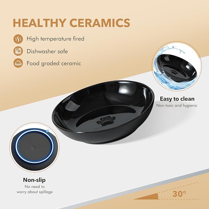 Havniva Raised Ceramic Cat Dishes, Food& Water Bowl with 2 Style Stand Adjustable Raised Pet Bowl Set, Anti Whisker Fatigue(2Dish+2Shallow Dish+Stand, Black